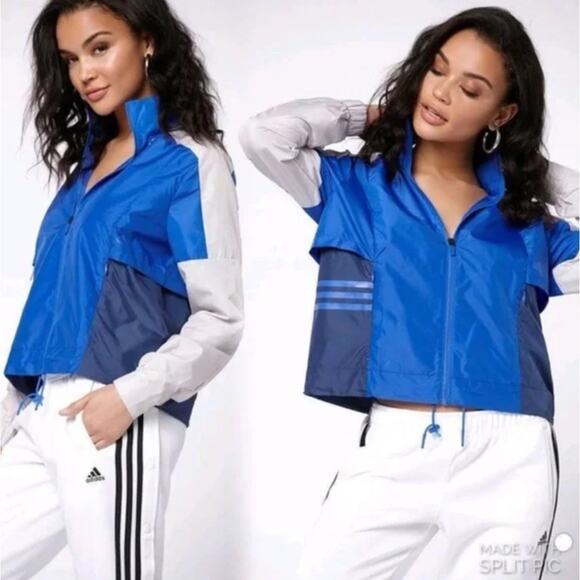 Adidas Windbreaker Jacket Blue Colorblock Cropped Zip Up Retro Blokette Large - Picture 1 of 9